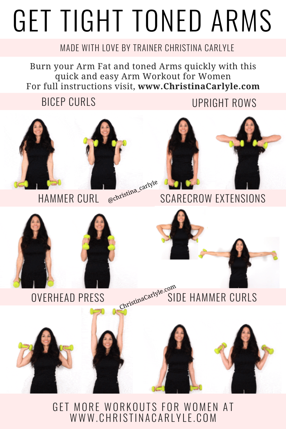 trainer Christina Carlyle doing 6 arm exercises and text that says Arm Workout for Women