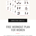 A copy of a 5 different workouts on pdfs and text that says Free workout plan for women