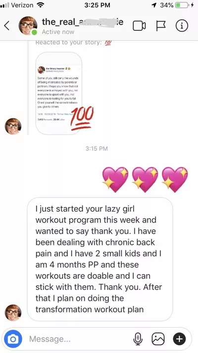 an email from a Lazy Girl program participant describing their results