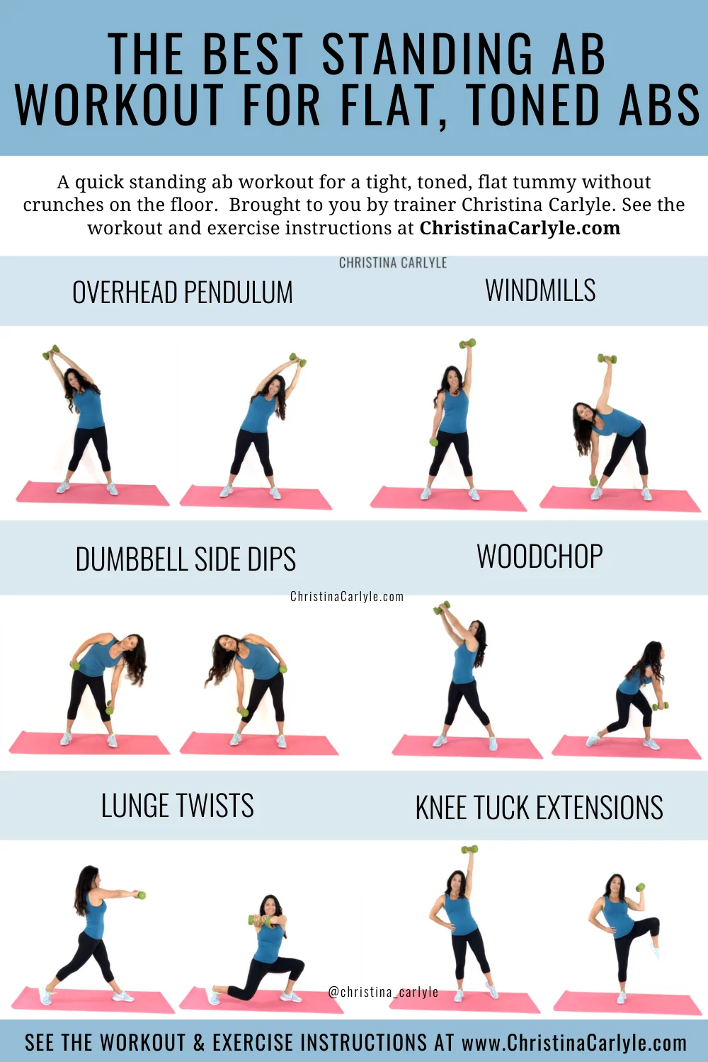 Christina Carlyle doing 6 standing ab exercises and text that says the Best Standing Ab Workout for flat, toned Abs